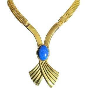 Vintage Blue Cabochon Gold Tone Mesh Drop Y Necklace